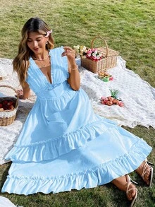Flirla Gaun Wanita Ukuran Besar Elegan Warna Polos dengan Ruffle dan Tali Pengikat - Biru - View 6