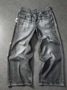 ROMWE MEN Anime Men's Casual Jeans With Skull And Letter Print Pockets - Black - View 2