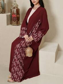 Al Najma Women's Graphic Print V-Neck Elegant Long Sleeve Arabic Abaya Red Veiled Robe, Printed Veiled Robe, Veiled Robe With Curved Cuffs - Red - View 8
