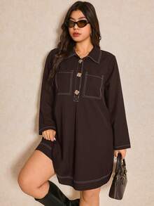 Elaquor Đầm dài tay dáng rộng, phối màu tương phản, dành cho nữ cỡ lớn, thích hợp mặc hàng ngày đi làm, mùa xuân/thu. - màu nâu - Xem 3