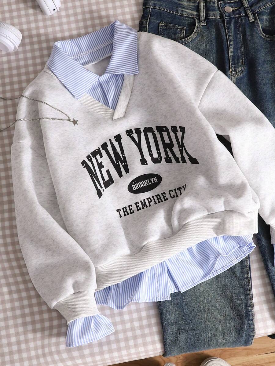 Áo nỉ cho bé gái tuổi teen, phong cách thường ngày sinh viên, đa năng, áo nỉ 2 trong 1 cổ sơ mi in số và chữ, dáng rộng, kiểu New York. - Màu Xám nhạt - Xem 1