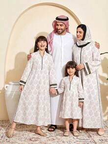 Abito lungo da ragazza pre-adolescente, stile arabo tradizionale, con stampa floreale, scollo a V, dettagli a blocchi di colore, maniche lunghe - Multicolore - Visualizzare 10