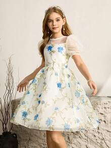 女童优雅印花修身欧根纱连衣裙，适合晚宴、圣诞节、万圣节、感恩节、婚礼、舞会、毕业典礼、返校季及其他场合。 - 杏色 - 查看 4