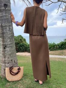 Dazy-Less Bộ đồ nữ gồm áo và chân váy xếp ly thắt nơ phía trước, kiểu dáng thường ngày, thích hợp cho mùa hè. - màu nâu - Xem 2
