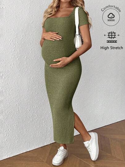 SHEIN Maternity Solid Color Square Neck Short Sleeve Ribbed Side Slit Hem Fitted Casual Dress