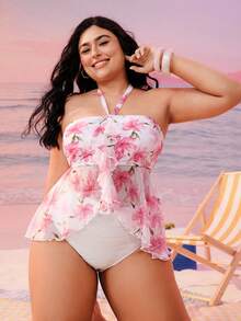 Swim Mod Áo tắm cổ yếm in hoa dành cho nữ cỡ lớn - Hồng - Xem 6