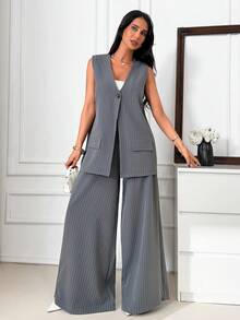 SHEIN Women's Striped Single-Breasted Sleeveless Jacket And Wide-Leg Pants Casual Suit Set - Dark Grey - View 1