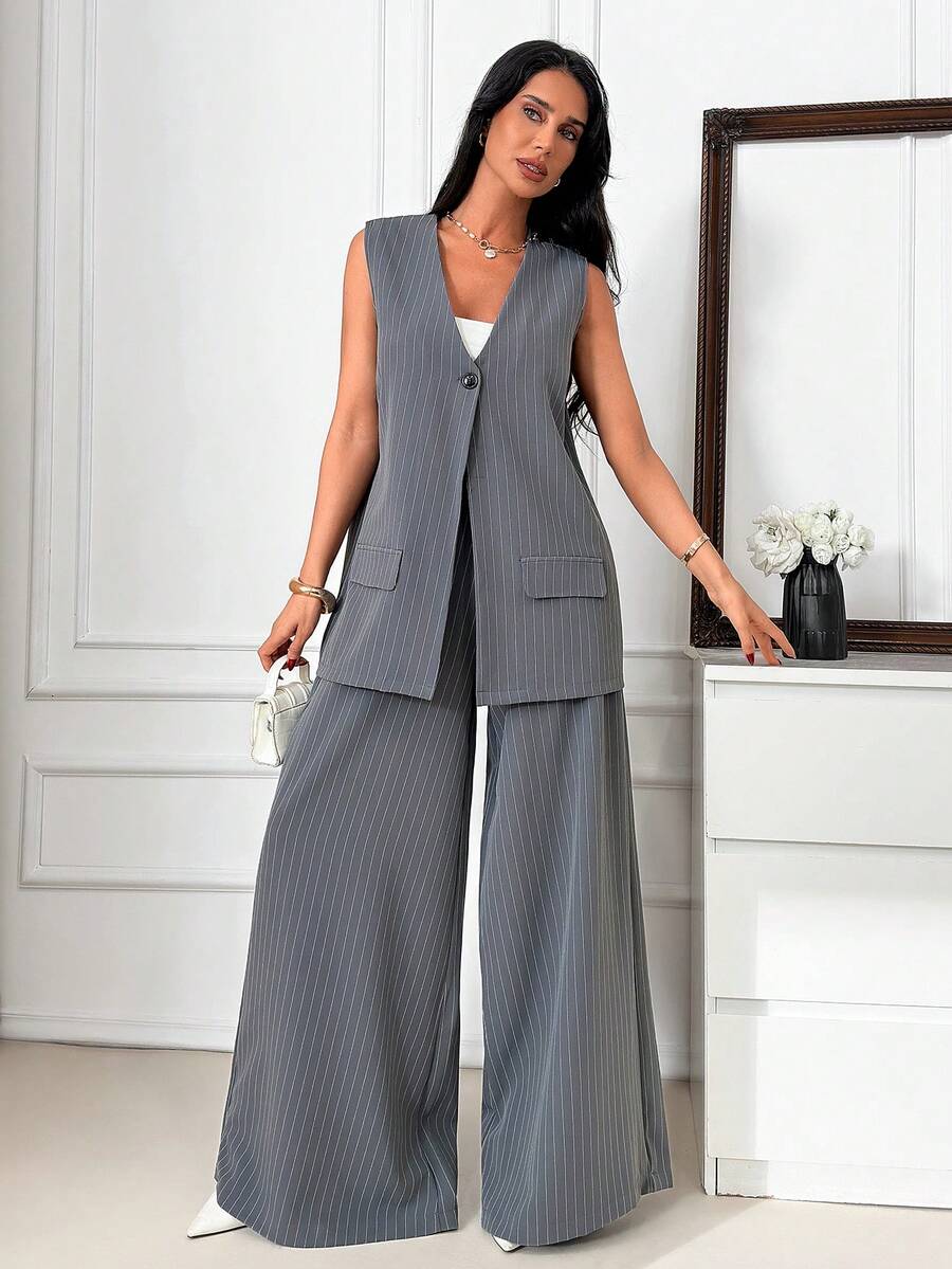 SHEIN Women's Striped Single-Breasted Sleeveless Jacket And Wide-Leg Pants Casual Suit Set - Dark Grey - View 1