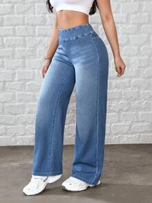 Flexra Women's Casual Washed High Waist Straight Leg Jeans - Medium Wash - View 6