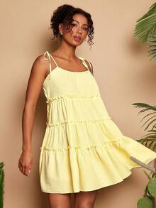 Travachic 纯色吊带迷你连衣裙，浪漫假期，春夏度假装，夏日连衣裙，沙滩裙，女士沙滩装，女士度假装，女士休闲连衣裙，黄色连衣裙 - 黃色 - 查看 4
