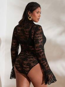 SHEIN BAE Áo liền thân gợi cảm cổ đứng ren xuyên thấu cỡ lớn dành cho người có thân hình đầy đặn - màu đen - Xem 2