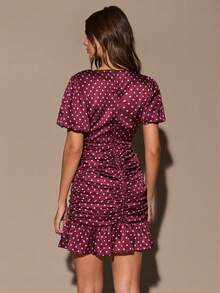 SHEIN BAE Women's Polka Dot Print Ruffle Elegant Short Sleeve Dress - Burgundy - View 2