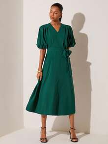 Lilora Damen einfarbiges Kleid mit V-Ausschnitt, kurzen Puffärmeln, Taillenbindung und eleganter Knielänge - Grün - Übersicht 5