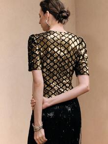 Arave 女士天鹅绒亮片褶皱腰部泡泡袖蝴蝶结设计优雅上衣，适合约会 - 金色 - 查看 3