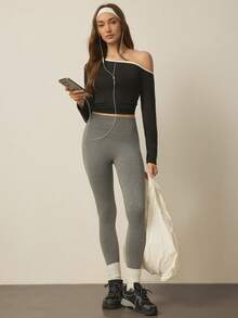 Dewbera Basic Casual Sports, Tight-Fitting Shoulder-Contrasting T-Shirt, Daily Wear, All-Matching, Autumn Women - Black - View 5