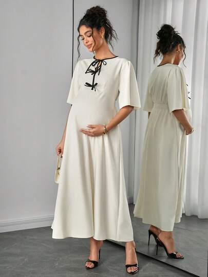 SHEIN فستان أنيق بياقة مستديرة وزخرفة فيونكة وتريم متباين