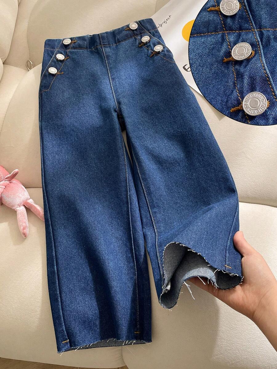 Young Girls Loose Fit Wide Leg Jeans, Navy Blue With Button Design, Versatile - Blue - View 1