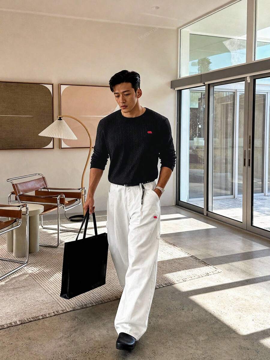 ESTAVOR Men's Casual Versatile White Curved Knife Denim Jeans - White - View 1