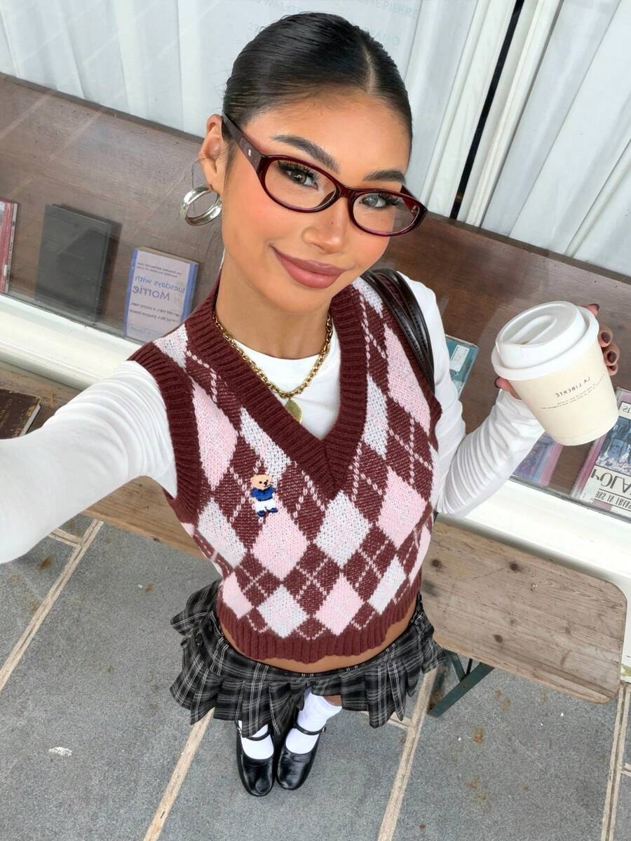 Muchica Áo vest cổ chữ V dệt kim jacquard thêu họa tiết hình thoi - Nhiều màu - Xem 1