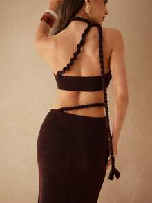 Silquee Áo croptop nữ mùa hè gợi cảm kiểu dáng đi biển, xếp ly, xoắn vạt bất đối xứng - màu nâu - Xem 2