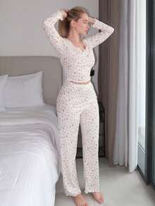 Turnttoni 两件套女士碎花长袖上衣和裤子睡衣套装 - 彩色 - 查看 4