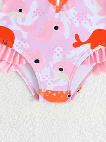 女童岛屿棕榈树印花长袖拉链连体泳衣，可爱荷叶边插肩袖防晒泳装 - 彩色 - 查看 5