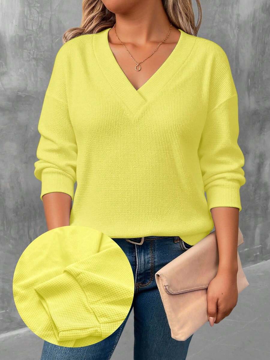 EMERY ROSE Plus Size Solid Color Print Long Sleeve V-Neck Women T-Shirt - Multicolor - View 1