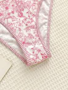 SHEIN Teen Girls Vintage Floral Print Spaghetti Strap Bikini Set Apricot Knitted Texture Shell Decoration Halter Neck Stitch Halter Triangle Bikini Set Summer Beach Outfit Bathing Suit