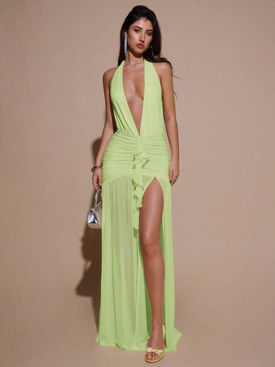 SHEIN BAE Đầm maxi lưới ôm sát cơ thể màu vàng kem trơn, tối giản, cổ chữ V sâu, kiểu yếm, xếp ly, thích hợp cho tiệc tùng, cocktail, các dịp trang trọng, phù dâu, sinh nhật, Giáng sinh, công sở thường ngày, đầm maxi thanh lịch dành cho nữ. - Màu xanh chanh - Xem 1