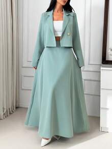 SHEIN Women Two Pieces Tie Detailed Blazer And Skirt Suit Sets - Mint Green - View 3