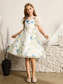 女童优雅印花修身欧根纱连衣裙，适合晚宴、圣诞节、万圣节、感恩节、婚礼、舞会、毕业典礼、返校季及其他场合。 - 杏色 - 查看 3