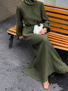 Solavon 女士休闲纯色纹理长袖上衣和半裙两件套，秋季 - 橄欖綠 - 查看 6