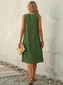 Faunlyn 女士夏季休闲无袖圆领 A 字连衣裙 - 綠色 - 查看 2
