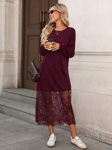 SHEIN LUNE 女士休闲蕾丝拼接长袖中长连衣裙 - 酒紅色 - 查看 5