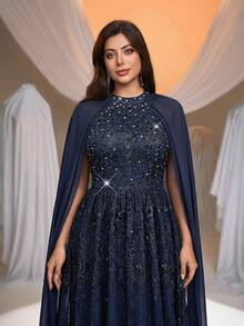 Aureia فستان رسمي أنيق وفاخر بأكمام منتفخة مزين بالخرز والراين، طراز A-line، من الشيفون المطرز بالياقة العالية باللون الأزرق الداكن، مناسب للحفلات والمناسبات الرسمية (تصميم معقد) - أزرق بحري - مشاهدة 5