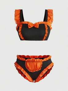 ROMWE J-Fashion Conjunto de lencería sexy con volantes de color contrastante - Negro - Ver 1