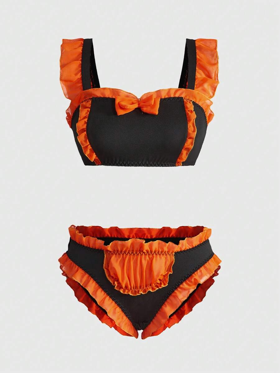 ROMWE J-Fashion Conjunto de lencería sexy con volantes de color contrastante - Negro - Ver 1