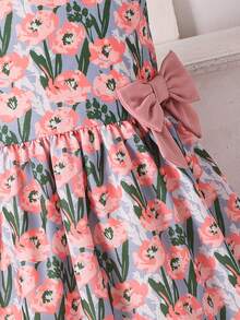 SHEIN Kids Sleeveless A Line Flared Peter Pan Collar Short Dress With Plant Pattern And Bows,Kids - Pink - View 8