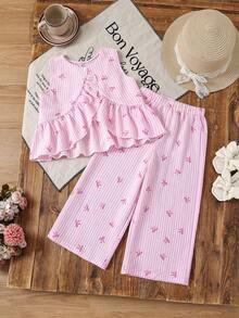 SHEIN 2pcs Young Girl Woven Striped Bow Decor Casual Camisole And Pants Set Young Girl Pant Set Girls Pink Stripe Set Young Girls Cami And Wide Leg Pants Set Girls Pink Two Piece Set Girls Two Piece Pant Set Girls Pink Pajama Set - Pink - View 8