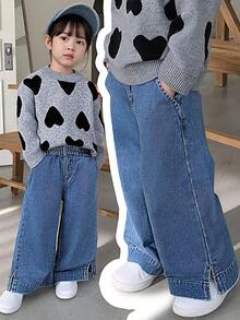 Jeans rectos de mezclilla azul lavada con abertura lateral, de estilo casual y versátil para niñas (talla pequeña) - Azul - Ver 3