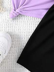 一套年轻女孩时尚休闲可爱卡通韩流女孩五角星图案短袖圆领T恤和短裤套装，适合夏季户外穿着 - 彩色 - 查看 4