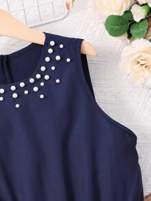Teen Girl Faux Pearl Detail Belted Ruffle Hem Sleeveless Dress - Navy Blue - View 3