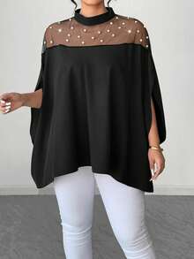 SHEIN Elenzya Elenzga Plus Size Fashionable Elegant Mesh & Pearl Splice Open Slit Sleeve Small Stand Collar Blouse For Women, Spring/Summer/Autumn - Black - View 8