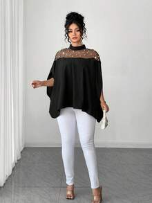 SHEIN Elenzya Elenzga Plus Size Fashionable Elegant Mesh & Pearl Splice Open Slit Sleeve Small Stand Collar Blouse For Women, Spring/Summer/Autumn - Black - View 5