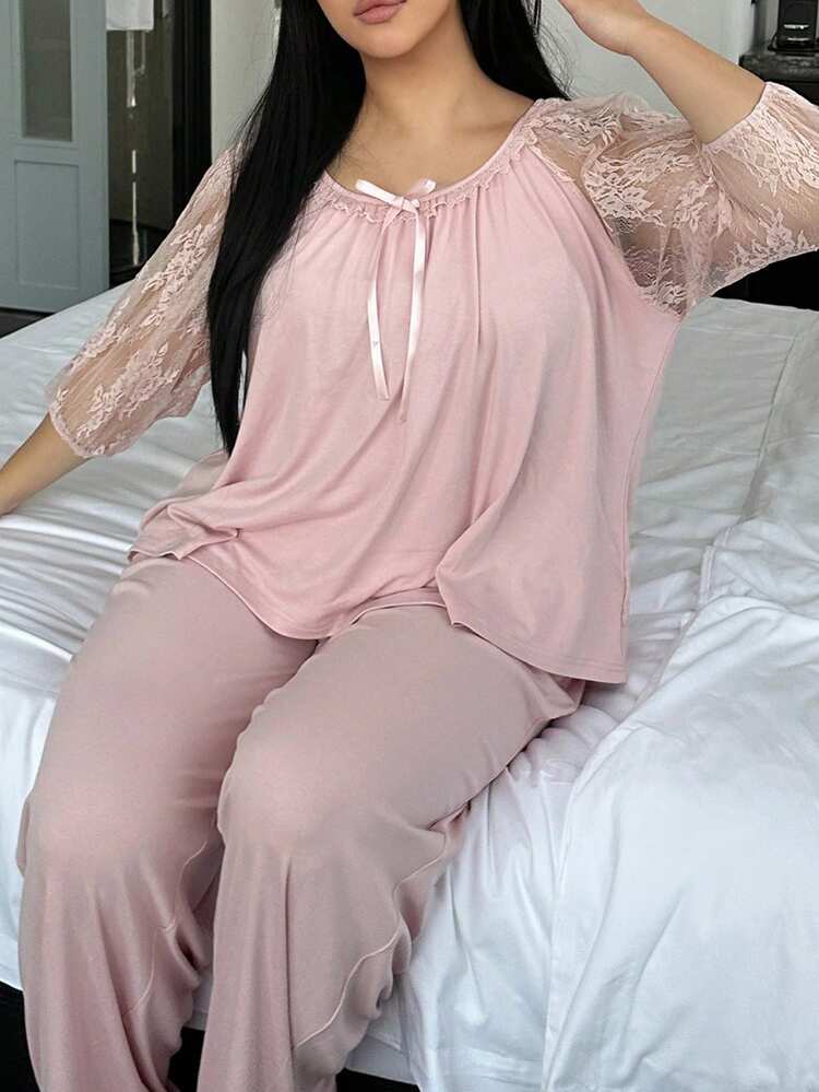 Dazy Plus 2pcs Plus Size Women Elegant Lace Splice Long Sleeve Top And Long Pants Pajama Set, Spring/Summer