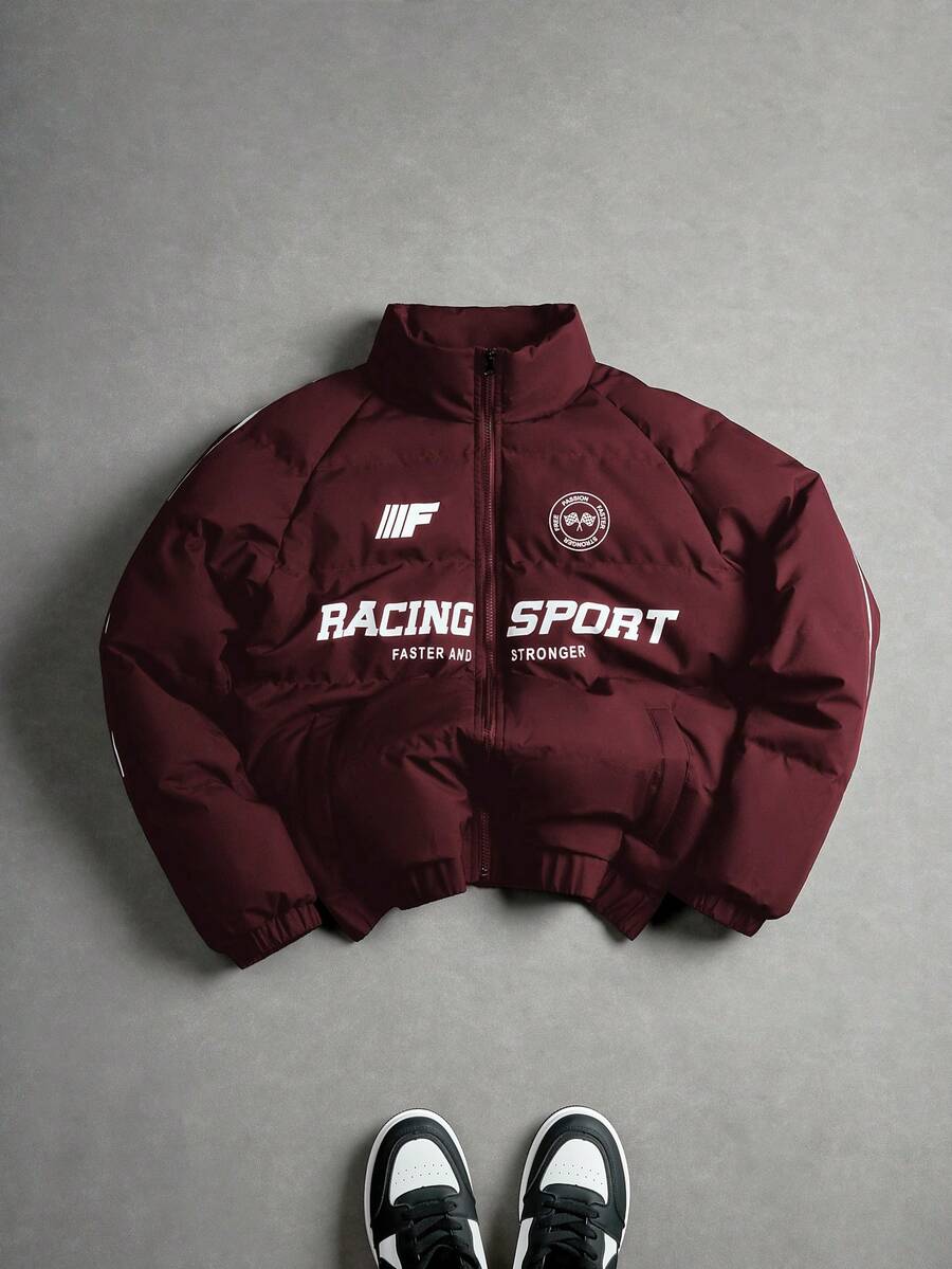 PAVTROS 男士插肩袖保暖时尚印花摩托车立领冬季外套 - 酒紅色 - 查看 1