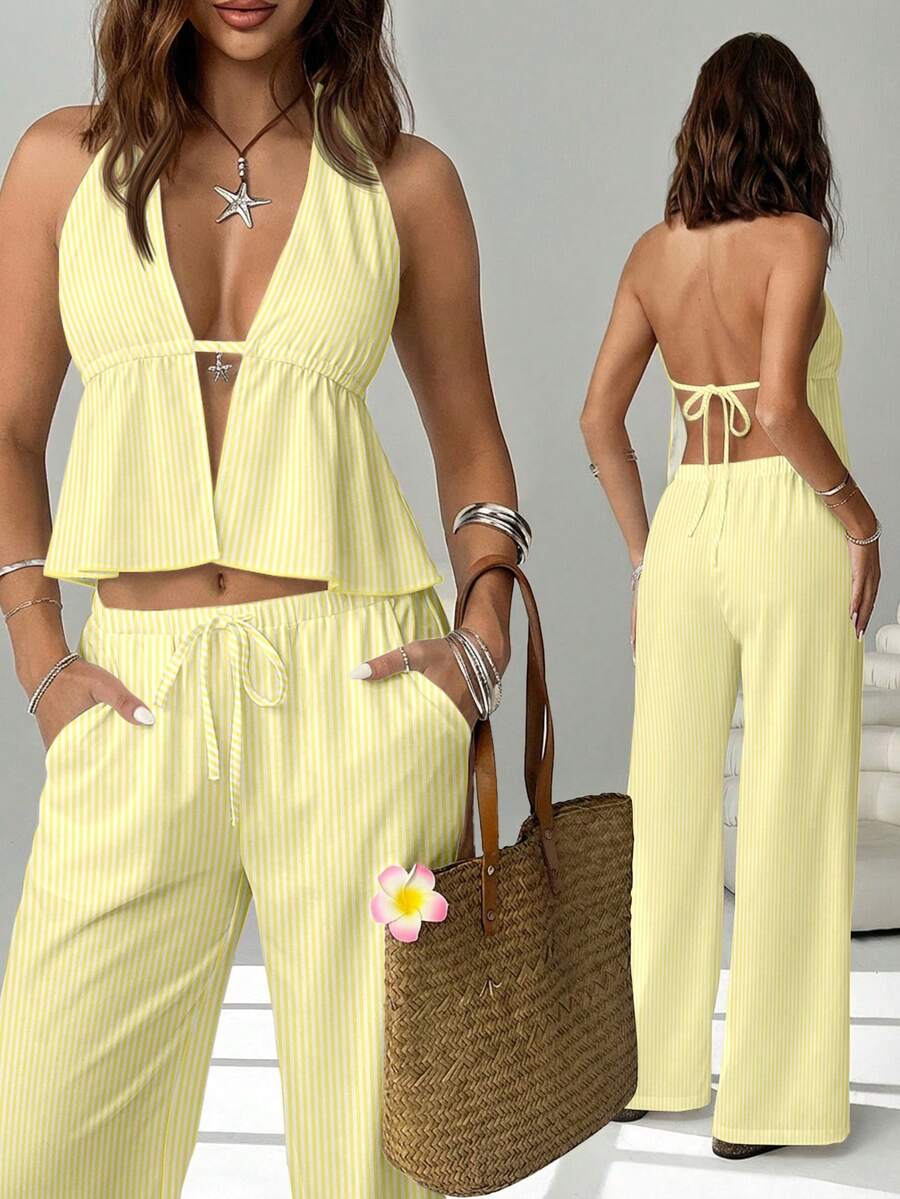 SHEIN EZwear Women's Striped Print Halter Top And Wide Leg Pants Set,Butter Yellow,Spring Outfit Women,Summer ,Going Out Set For Women,Vacation Outfits Women - Multicolor - View 1
