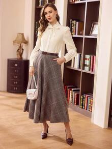 Vintamour Camisa de mujer vintage, elegante y clásica, camisa ajustada con lazo para otoño/invierno, camisa abotonada, camisa de manga larga color blanco crema - Beis - Ver 6