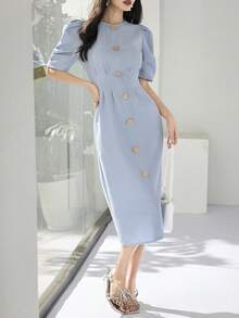 Heiryn 新款褶皱泡泡袖金属扣装饰收腰通勤百搭连衣裙 - 藍色 - 查看 6