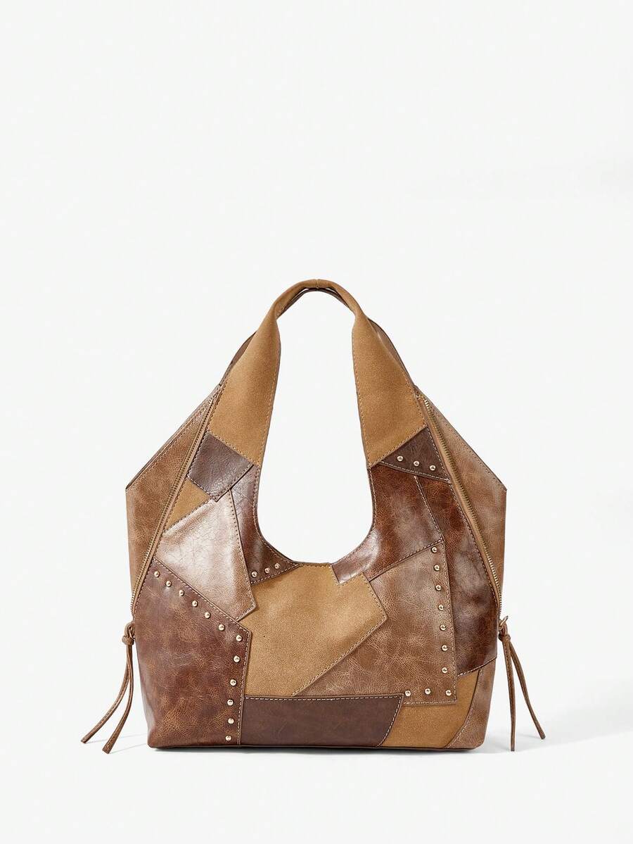 Viva Strut Túi xách nữ, túi đeo vai, chất liệu giả da, phối da, thời trang, cá tính, đơn giản, đa năng, phong cách đường phố, dành cho các cô gái ngọt ngào và cá tính, những cô nàng sành điệu, phong cách Y2K, retro, đinh tán, vintage, dành cho thanh thiếu niên, thích hợp cho công sở, hàng ngày và mua sắm. - màu nâu - Xem 1